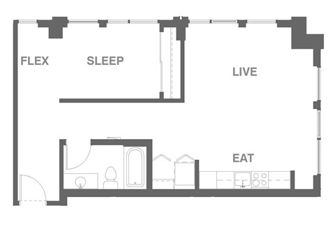 Floor plan for 1 bed, 1 bath, 691 sqft